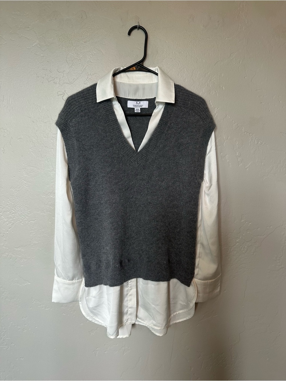 Magaschoni Cashmere Twofer Sweater Vest Gray White Collar Layered